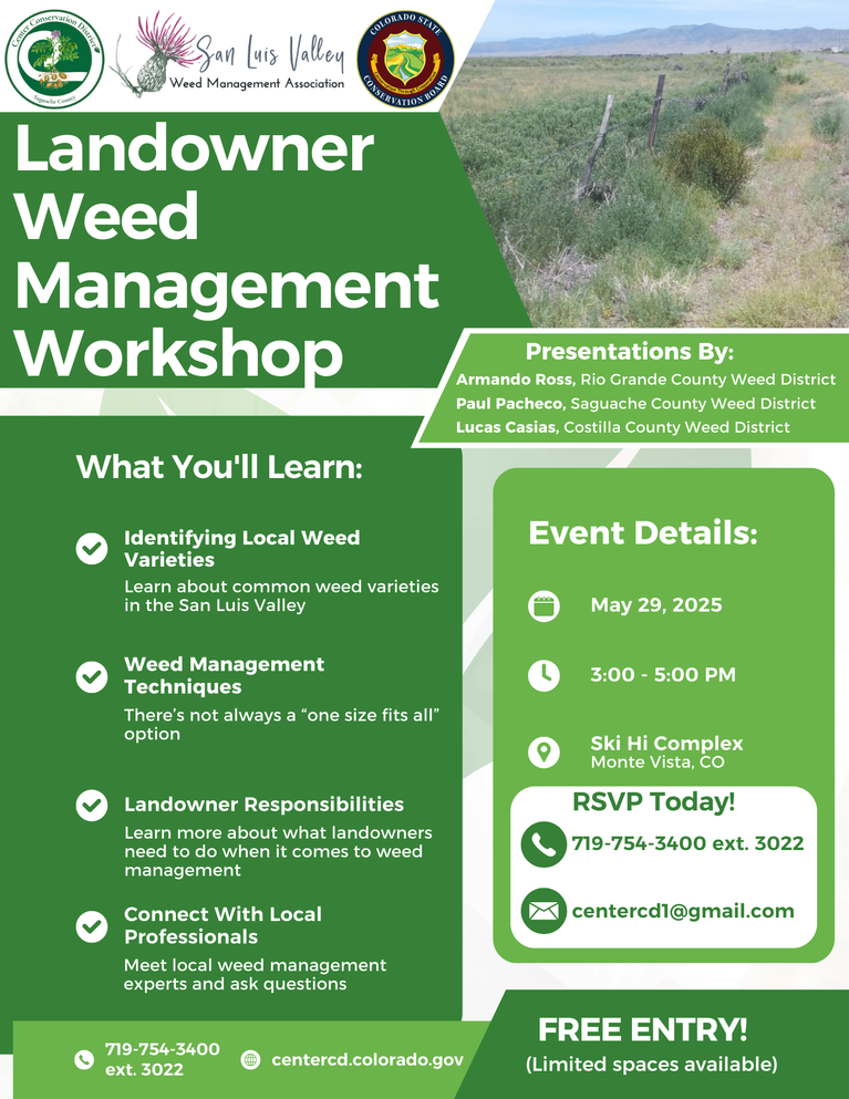 A flyer for the Landowner Weed Management Workshop event.